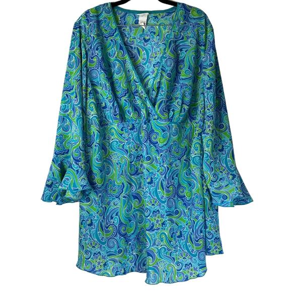 Vintage Studio C Blue Green Paisley Deep V Ruffle Long Sleeve Tunic Size 18/20 - Picture 1 of 4